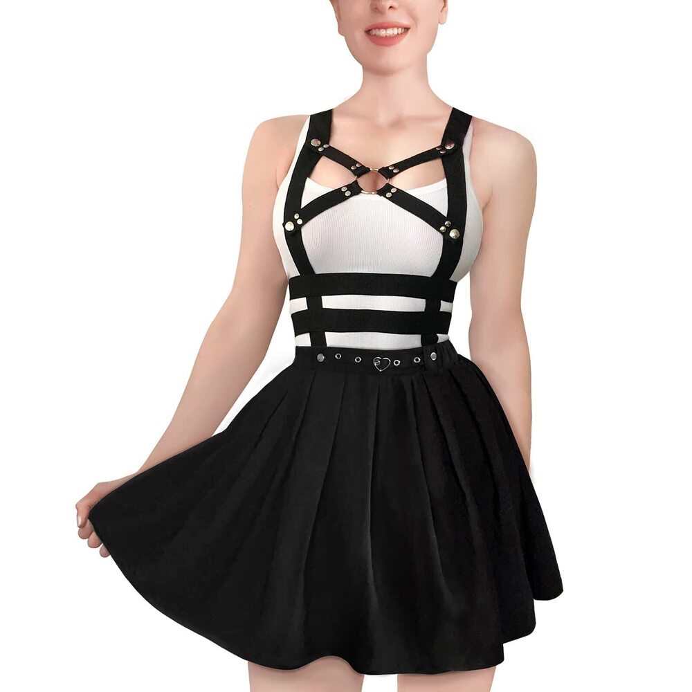 2768 Overall Skirt Romper - Pleated Bondage Detachable Jumperskirt S Black